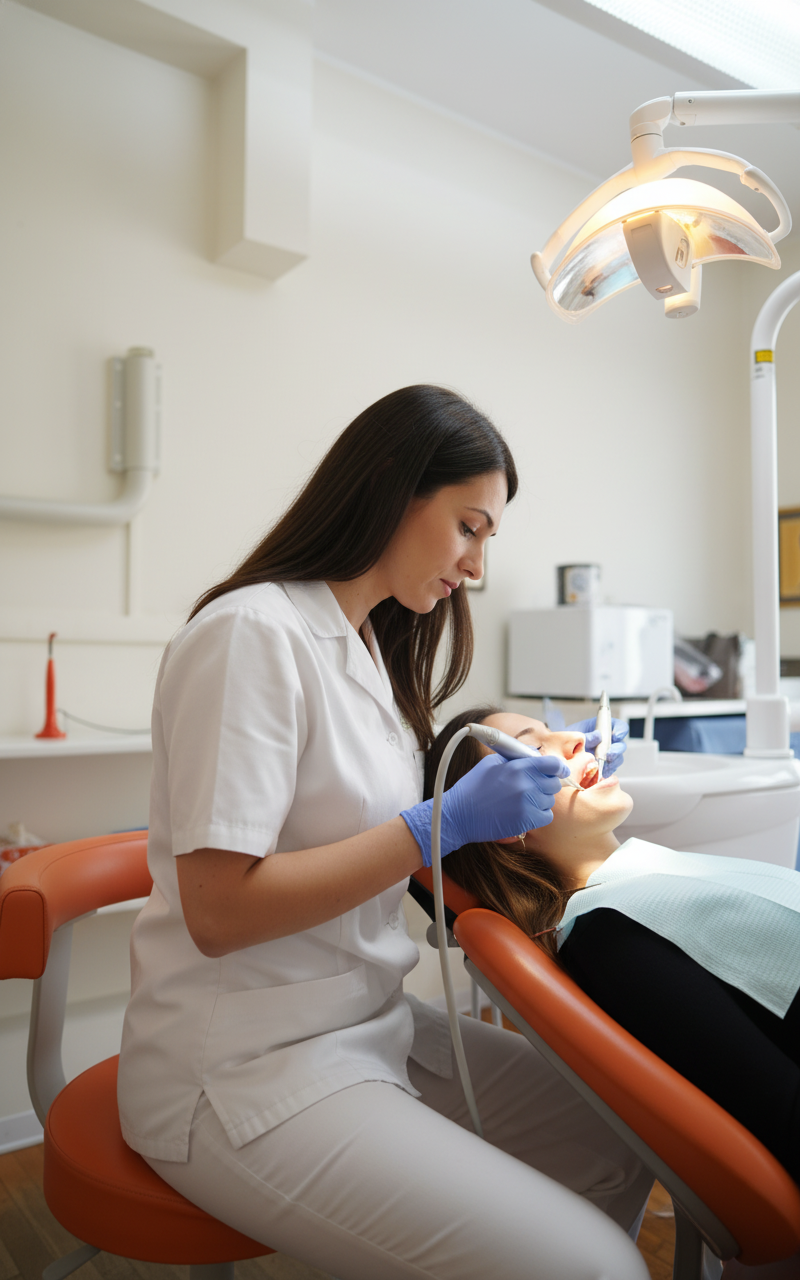 Igienista dentale al lavoro con strumenti professionali